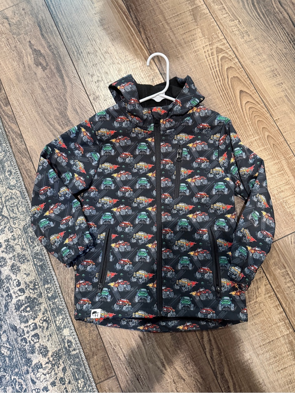 Kids Black Hooded Jacket with Colorful Car Print